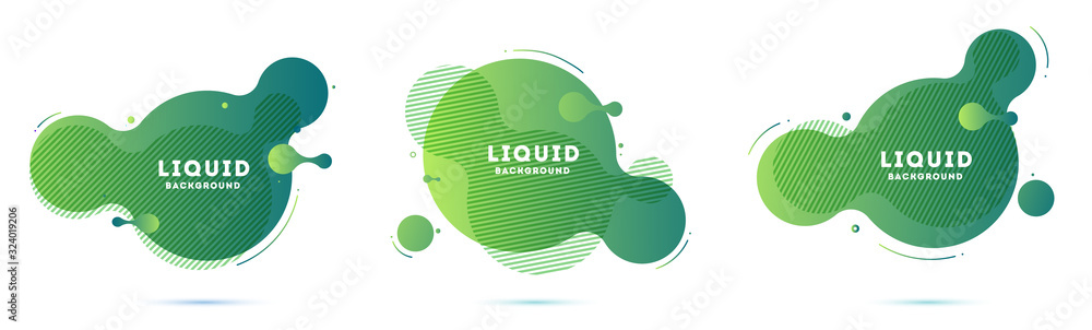 Poster liquid abstract element set. cyan, blue, green blobs, hatched forms. flowing shape, fluid splashes. 