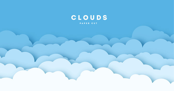Paper cut lot of clouds. Sunny day clouds. Creative paper craft art style, vector illustration.