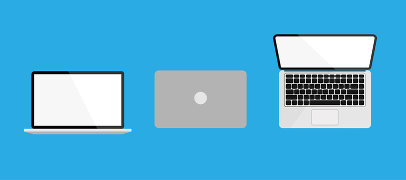 Laptop from different angles or position. Empty or blank display screen. Computer mock up isolated on blue background. Equipment for office. Vector illustration.	