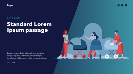 Walking new mothers. Young women with baby strollers talking outside flat vector illustration. Motherhood, communication concept for banner, website design or landing web page