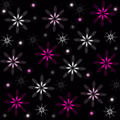 Floral seamless pattern. Female print with repeating small flowers. White, gray, pink, purple on black background. Illustration.
