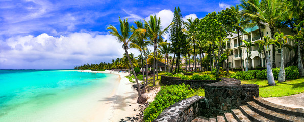Splendid panoramic view of beautiful tropical beach Belle Mare in Mauritius island