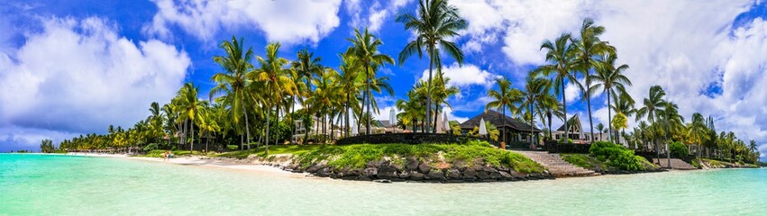 Splendid panoramic view of tropical beach Belle Mare in Mauritius island