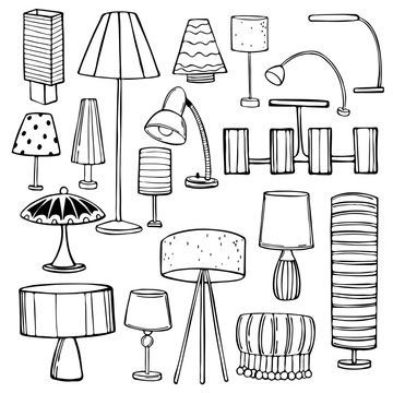 Lighting in the house. Chandeliers, floor lamps and lamps. Vector sketch illustration