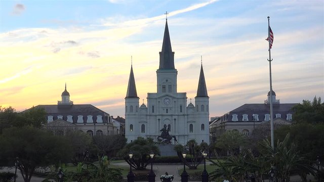 Jackson Square with the St. Louis Cathedral on sunset. New Orleans, Louisiana, USA