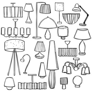 Lighting in the house. Chandeliers, floor lamps and lamps. Vector sketch illustration