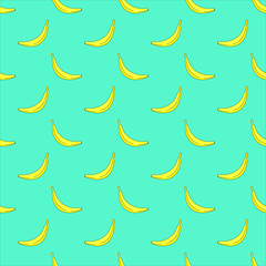 Seamless vector pattern with bananas on blue background. Tropical doodle background. Summer illustration for prints, textile, digital paper