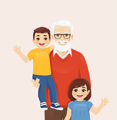 Handsome senior man standing with grandson and granddaughter. Happy grandfather vector illustration
