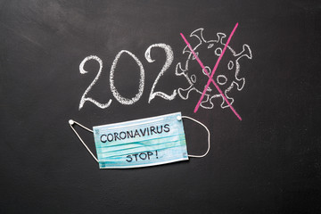 Chalkboard inscription 2020 stop coronavirus. Concept of coronavirus quarantine. Novel coronavirus (2019-nCoV)