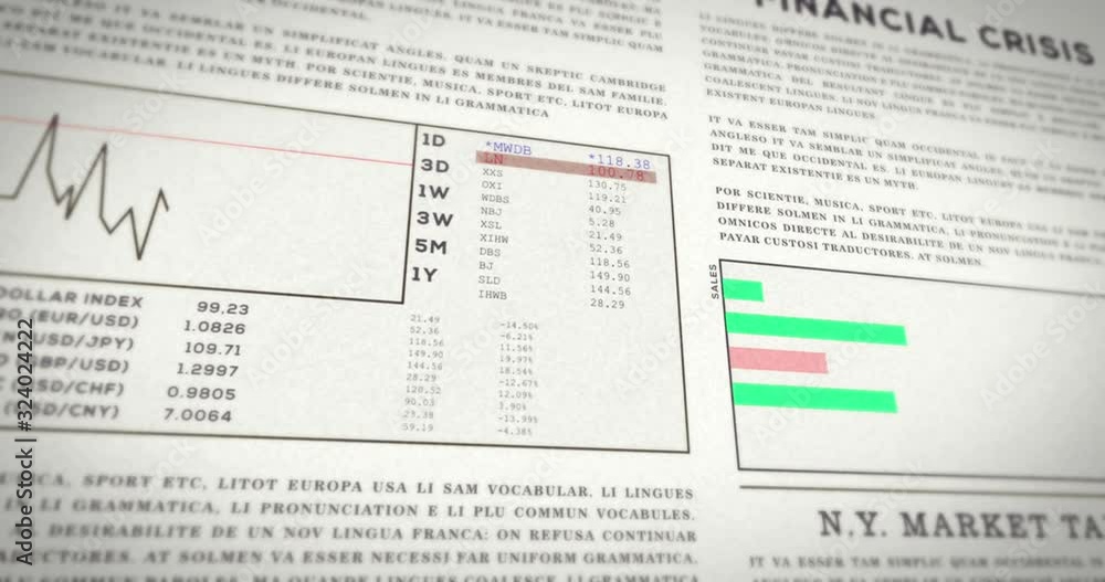 Poster flying over newspaper with finance articles. digitally animated diagrams show the development of sha