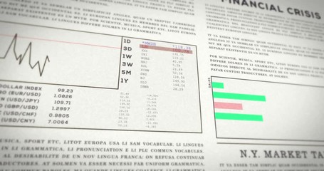 Flying over newspaper with finance articles. Digitally animated diagrams show the development of shares on the stock market.