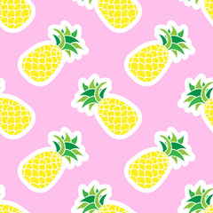 Seamless vector pattern with handdrawn doodle pineapples. Tropical illustration with exotic fruit on pink background.
