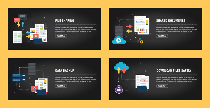 Set of internet banner design templates for web sites, internet marketing, and business. File sharing, shared documents, data backup and download files safely. Flat design vector.