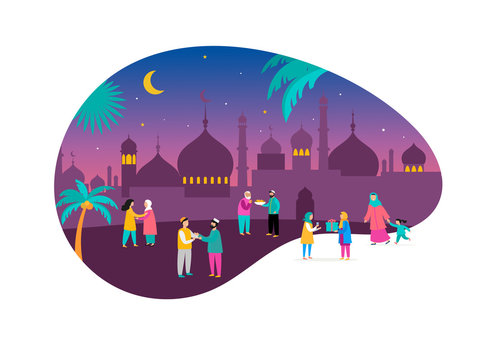 Ramadan Kareem, Eid mubarak, greeting card and banner with many people, giving gifts, food. Men, women and children walking on the street. Islamic holiday background. Vector illustration