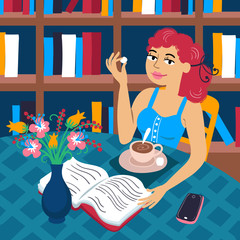 Vector colorful illustration on the theme of knowledge, education, reading, library, hobbies, leisure. Young woman sits at a table with a book. Flat cartoon characters design