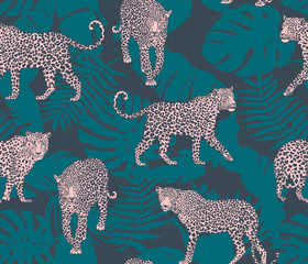 Panther in the jungle, seamless pattern, wild animals background