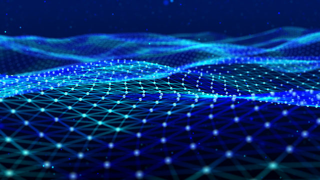 Network of bright connected dots and lines. Abstract dynamic wave of many points. Big data. Perspective grid of points and lines. Digital background. 3D rendering. © Columbus