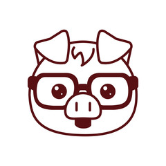 Cute kawaii pig cartoon with glasses line style icon vector design