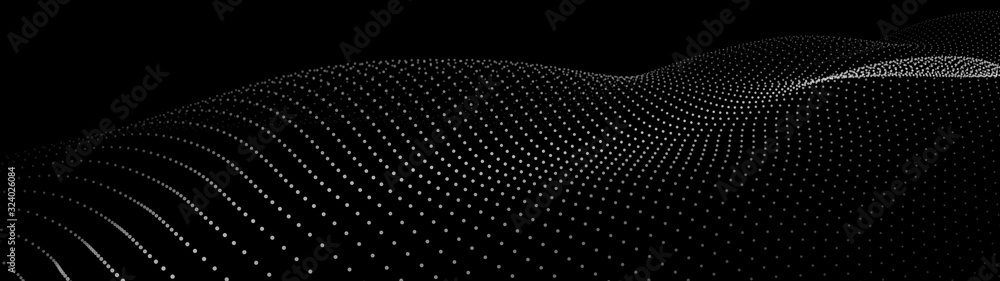 Poster abstract dynamic wave of particles. wave of gradient dots on black background. futuristic vector ill