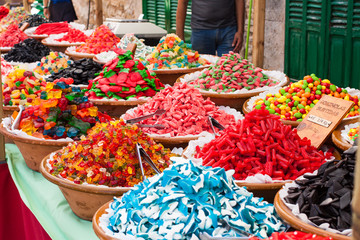An assortment of wine gums (gominolas surtidas) for sale on Porreres Market. Porreres, Majorca, Spain