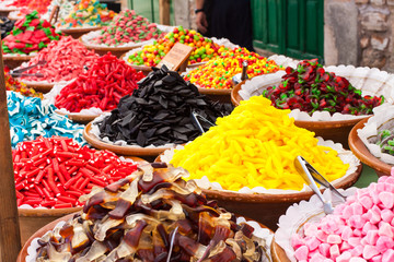 An assortment of wine gums (gominolas surtidas) for sale on Porreres Market. Porreres, Majorca, Spain\