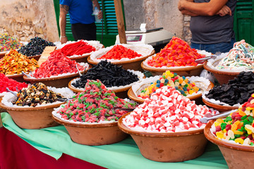An assortment of wine gums for sale on Porreres Market. Porreres, Majorca, Spain