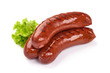 Grilled pork sausages, isolated on white background
