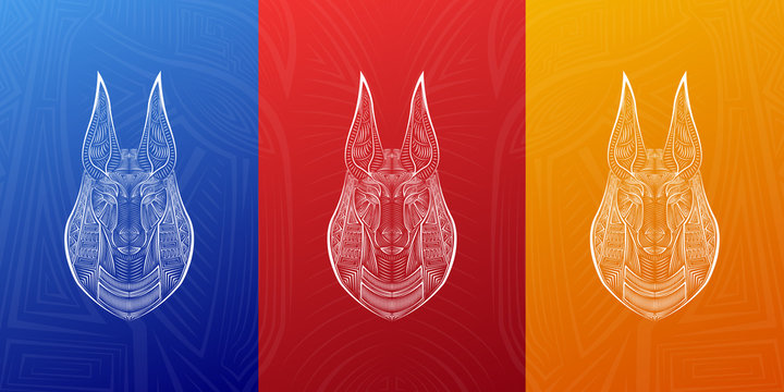 Anubis symbols, grunge Egyptian god logo banner, poster design. Colorful digital lineart.