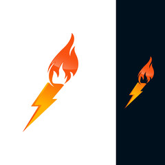Creative energy power concept shown in a shape of lightning bolt with fire flame, vector logo or icon, the power of idea, design and art, science invention or research.