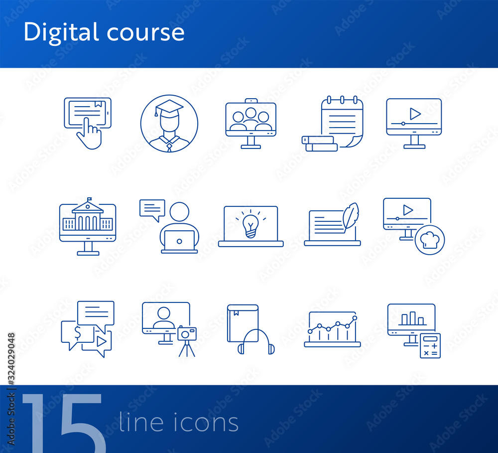 Poster digital course line icon set. student, computer, lection. e-learning concept. can be used for topics
