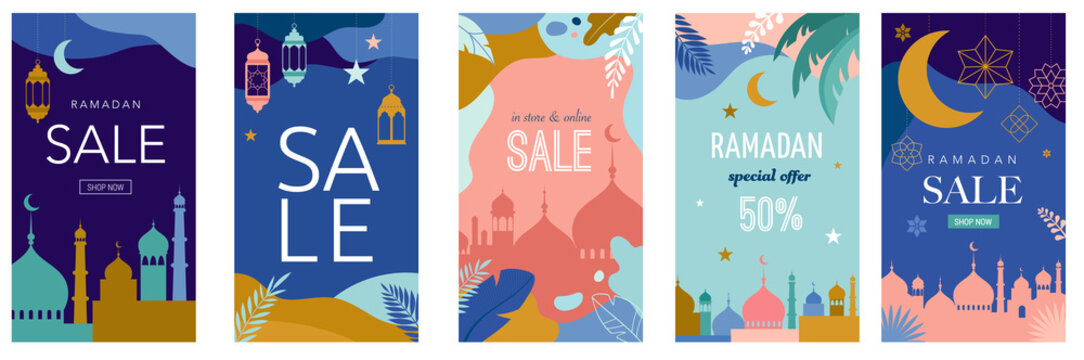 Ramadan Kareem, Happy Ramadan, greeting card. Eid mubarak, Islamic holiday background. Story template set. Sale design banners. Vector concept illustration