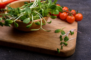 microgreens on dark table,  healthy and vegan  food