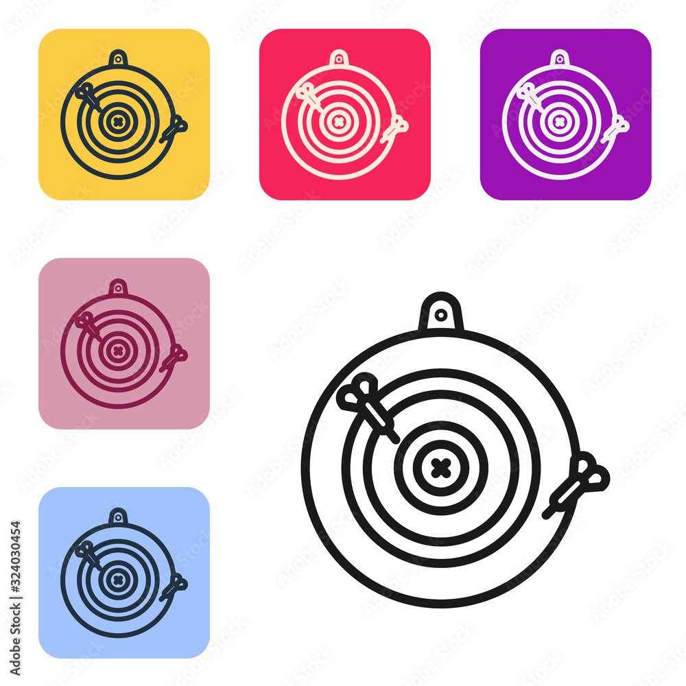 Poster black line classic dart board and arrow icon isolated on white background. dartboard sign. game conc