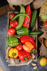 Tomatoes, green and red chilies. Top view.