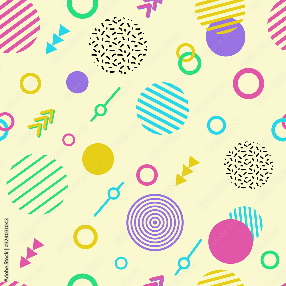 Aufkleber memphis style abstract seamless pattern with simple geometric shapes. bright multi-colored circles a