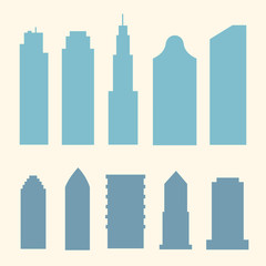 Buildings and downtown skyscrapers silhouette. Big city buildings vector illustration. Office apartment and house residential exterior.