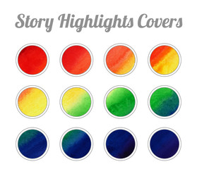 Set of Story Highlights Covers Icons. Colorful watercolor background. Red, orange, yellow, green, blue, purple bright colors. Bundle of templates for social media and blog.