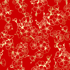Rood naadloos patroon met gouden bloeiende takken