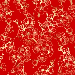  Rood naadloos patroon met gouden bloeiende takken © val_iva