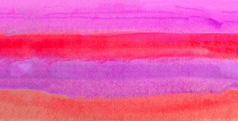Colorful watercolor texture background. Pink red and purple color paint stripe stain splash water on white paper