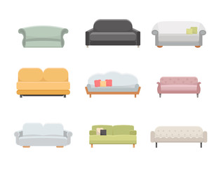 Sofa and couches furniture flat vector icons set. Cartoon illustration style