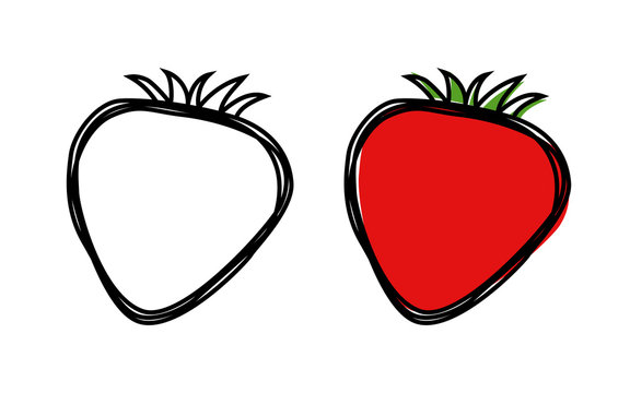 Vector hand drawn strawberry and one colored in misprint style. Line art illustration