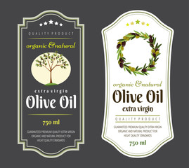 Set of flat labels and badges of olive oil. Vector illustrations for olive oil labels, packaging design, natural products, restaurant. Olive oil labels. Hand drawn templates for olive oil packaging