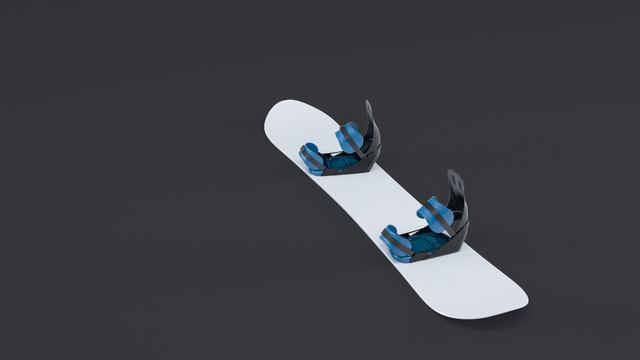 3D image of mockup snowboard with carbon bindings laying on dark isolated background