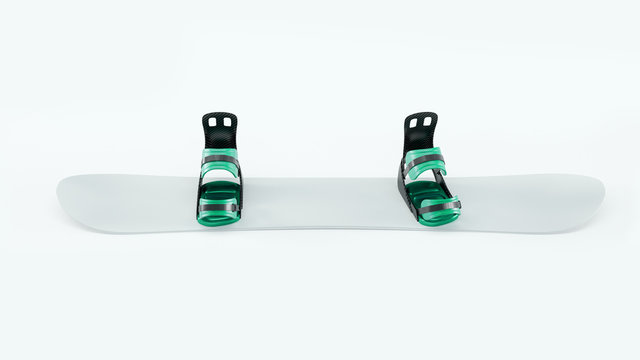 3D image of mockup snowboard with carbon green bindings on white isolated background