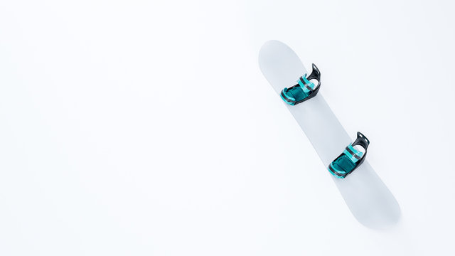 3D image top side view of mockup snowboard with carbon bindings laying on white isolated background
