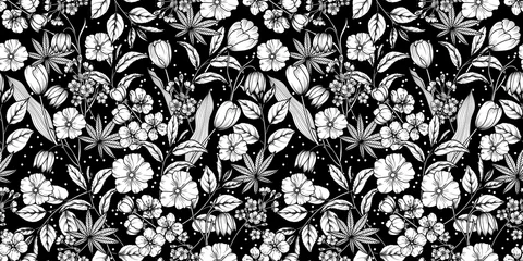 Tapeten Schwarz-weiß Nahtloses Schwarzweiss-Blumenmuster. Frühlingshintergrund aus Blüten von Apfel, Kirsche, Sakura, Tulpen, Schneeglöckchen, Ästen und Blättern. Vektor Folge 10