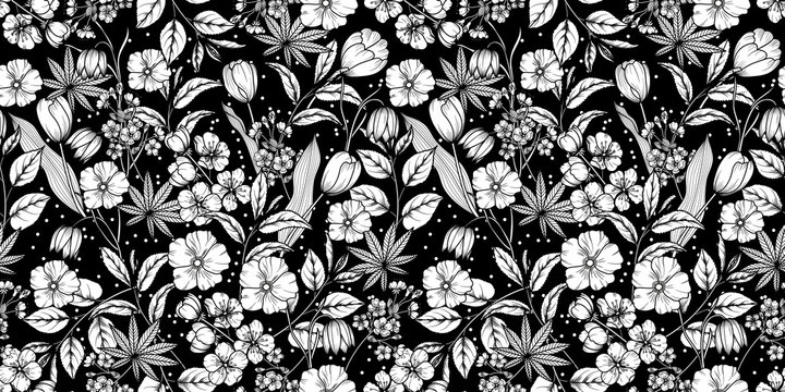 Floral black and white seamless pattern. Spring background from flowers of apple, cherry, sakura, tulips, snowdrops, tree branches and leaves. Vector eps 10