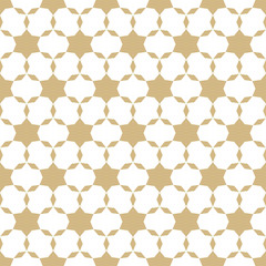 Elegant golden vector geometric seamless pattern. Simple gold and white texture with small stars, floral shapes, grid, net. Abstract minimal background. Luxury repeat design for festive decor, prints