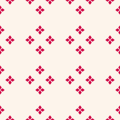 Vector minimalist floral texture. Simple red and white geometric seamless pattern with small flower shapes, petals, diamonds, rhombuses. Subtle abstract background. Repeat design for decoration, print